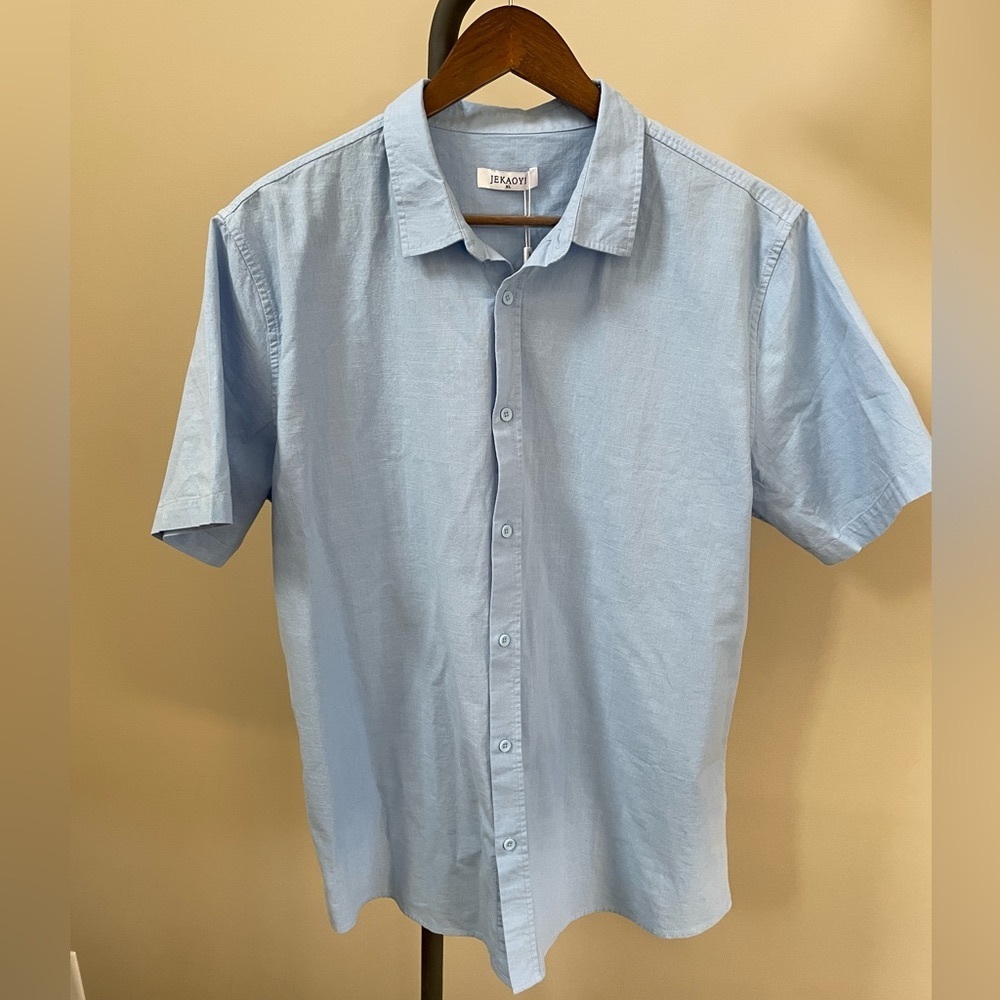 JEKAOYI Mens Blue Cotton/linen Button Down Guayabera Short Sleeve Shirt Size XL